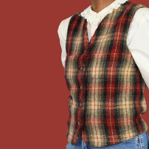 Vintage Eddie Bauer Plaid Wool Vest Red Tartan Check Equestrian Waistcoat Small - Picture 15 of 15